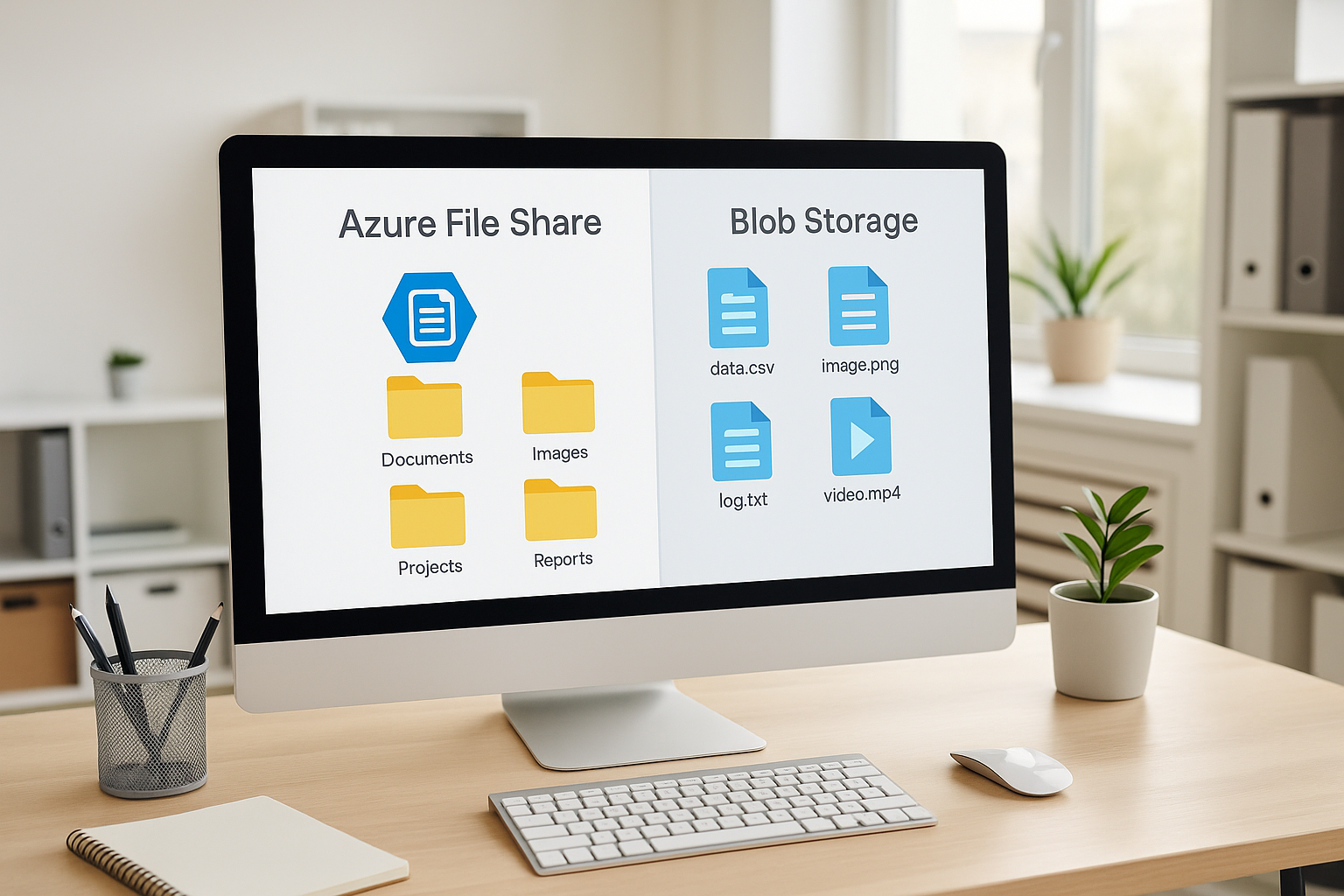 A computer screen displaying Azure File Share and Blob storage options side by side, with files and folders neatly organized in each storage type