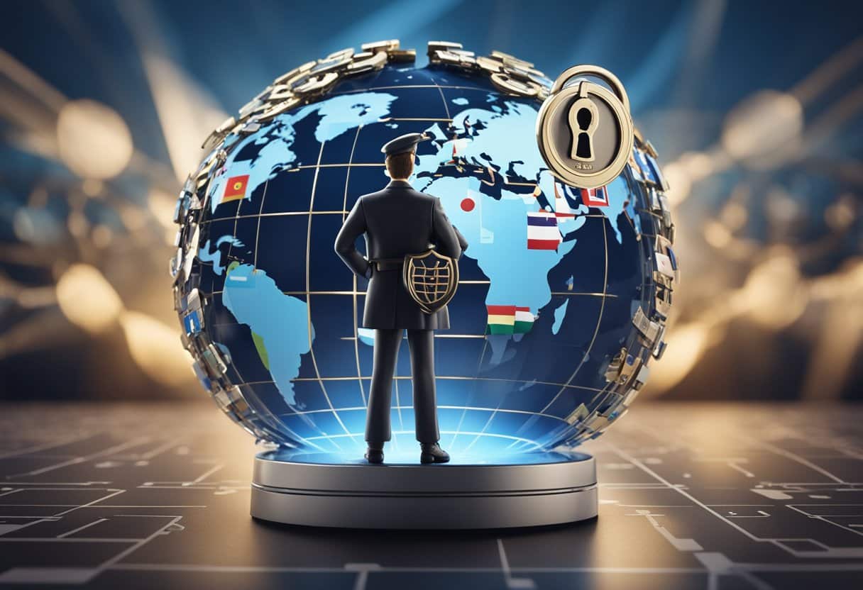 A figure in a suit stands before a globe adorned with locks and flags, symbolizing global security, networking, and data sovereignty.