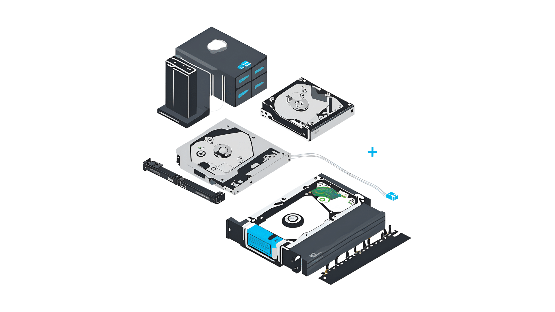 A graphic depicting the concept of various connection types to storage 